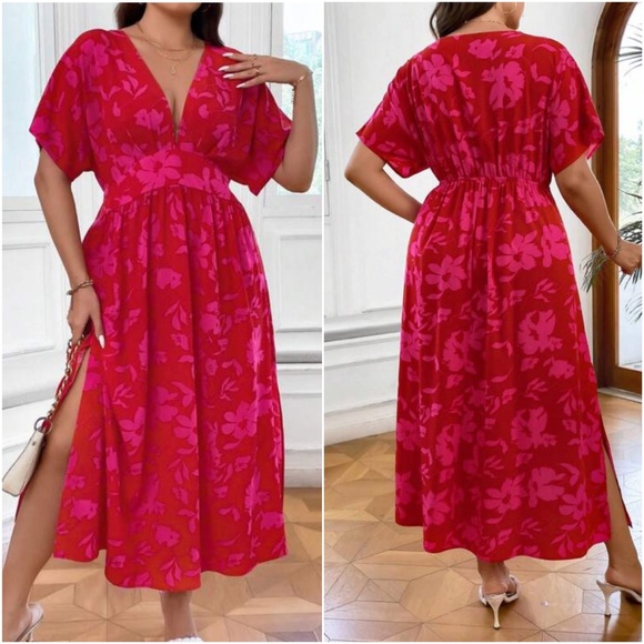 Boho Floral Print Plunging Neck Midi Dress - Picture 2 of 2